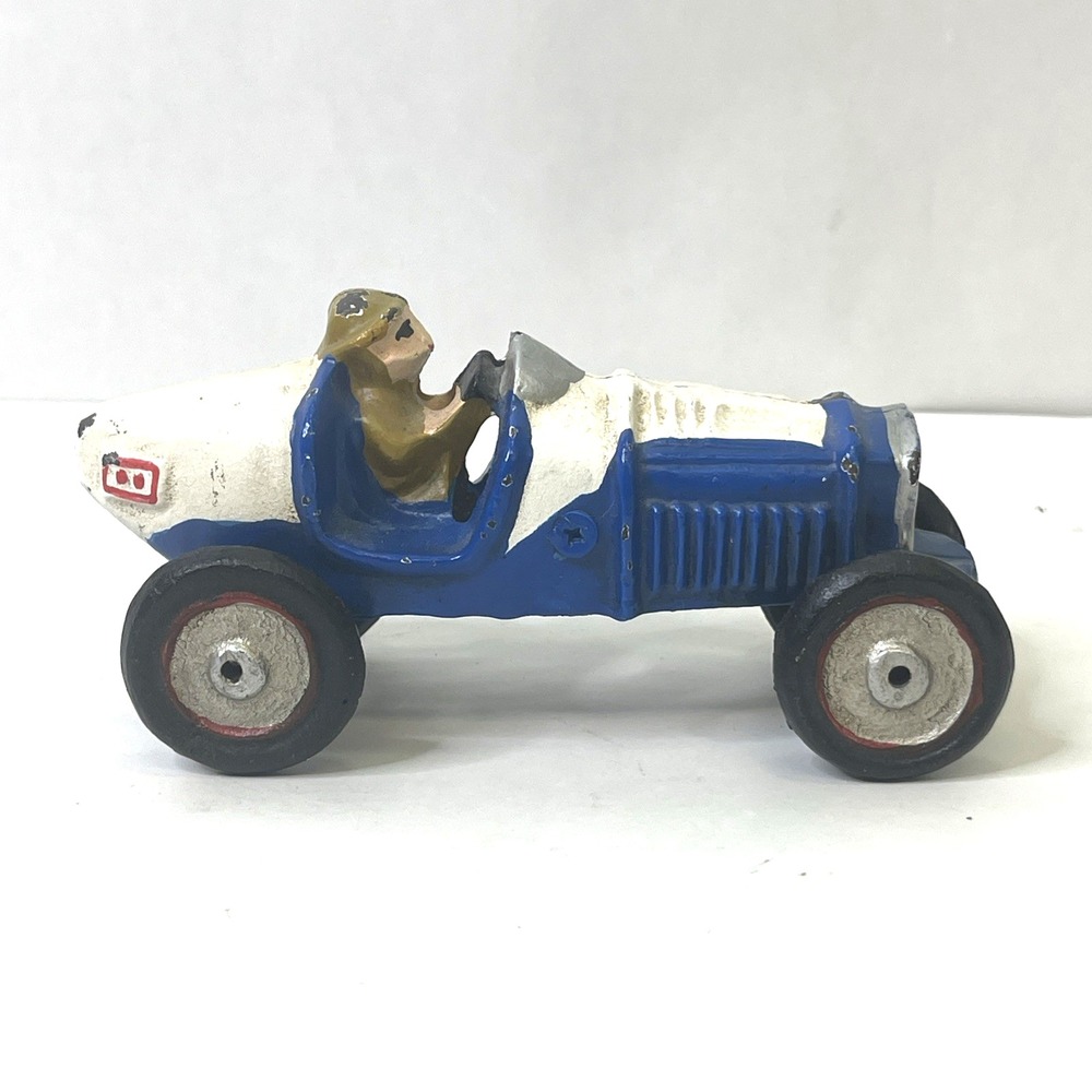 Vintage Cast Iron Blue Race Car w/ Driver Metal Wheels Repro Hubley Style
